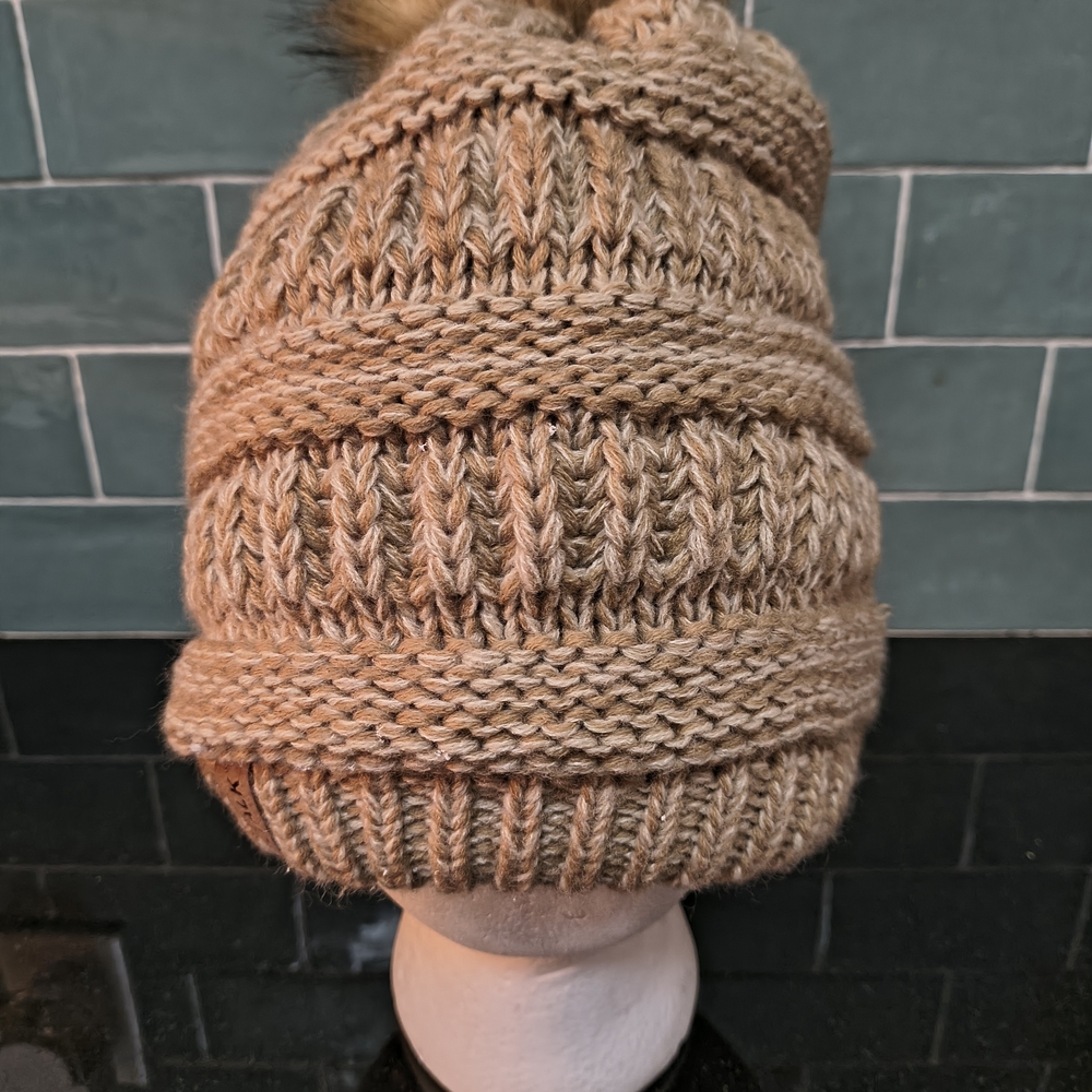 FURTALK Knitted Beanie Hat Cap Tan with Detachable Faux Fur Pom Pom